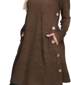 Women’s Crew Neck Tunic Dress Long Sleeve Casual Dress with Pockets and Buttons