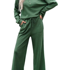 Women’s 2-piece knit long sleeve button top wide leg lounge pants set