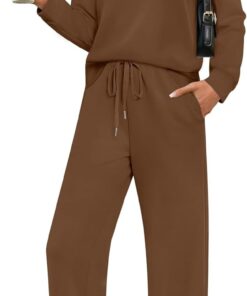 Women’s 2-piece lounge outfit sweatshirt casual wide leg tracksuit set