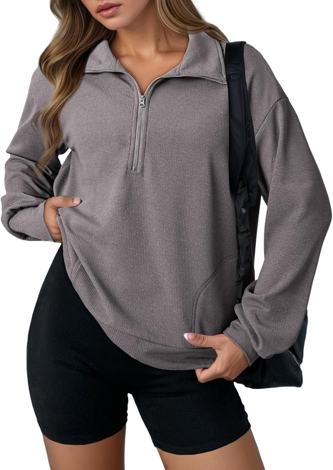 Women’s Waffle Knit Half Zip Sweatshirt Long Sleeve Loose Pullover Top