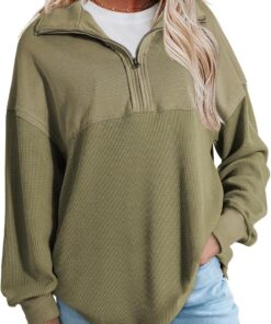 Women’s Casual Waffle Knit Half Zip Long Sleeve Pullover Sweatshirt