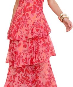 Women’s Deep V-Neck Floral Maxi Dress Backless Ruffle Hem Evening Party Dress