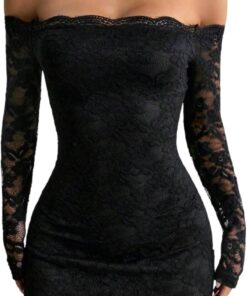 Women’s Lace Long Sleeve Off Shoulder Bodycon Mini Dress