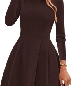 Women’s Long Sleeve Crew Neck Knit Mini Dress Pleated A-Line Casual Party Dress