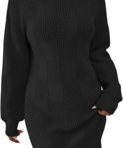 Women’s Mock Neck Sweater Dress Lantern Sleeve Plaid Knit Mini Dress