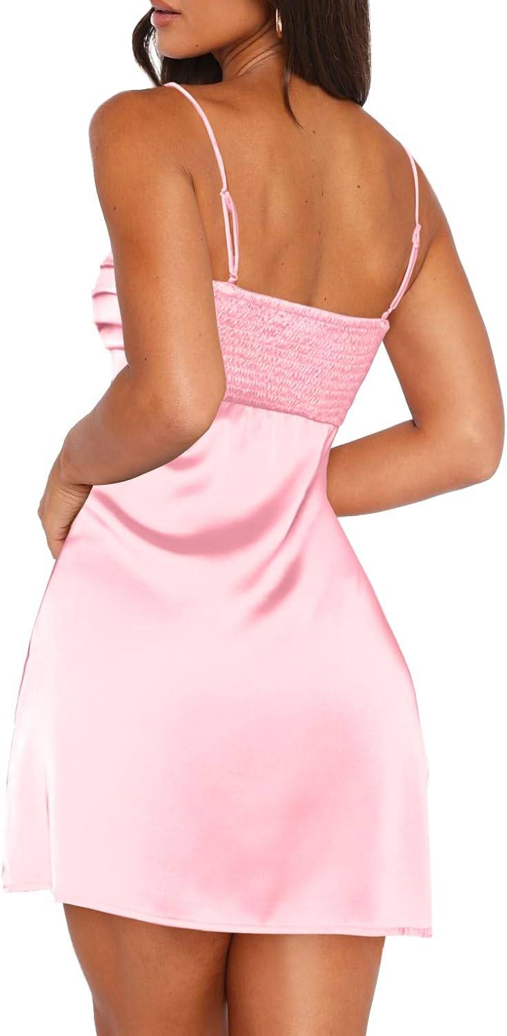 Women’s Satin Mini Slip Dress with Spaghetti Straps and Pleated Bodice - Image 2
