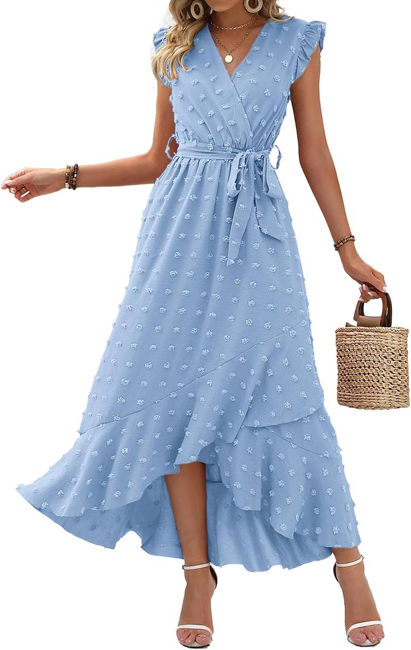 Women’s V Neck Swiss Dot Boho Maxi Dress with Ruffle Slit
