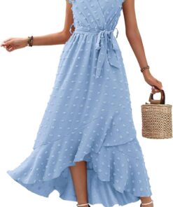 Women’s V Neck Swiss Dot Boho Maxi Dress with Ruffle Slit