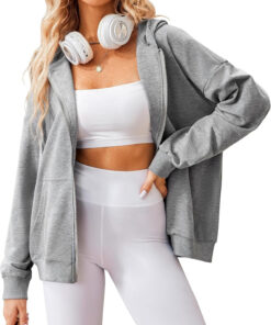 Women’s Lightweight Full Zip Hooded Sweatshirt Oversized Jacket with Pockets