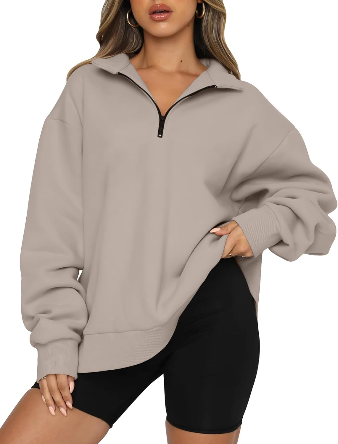 Women’s Oversized Half Zip Fleece Pullover Sweatshirt with Drop Shoulder Design