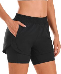 Women’s High Waist 2-in-1 Running Gym Shorts with Liner and Zipper Pockets