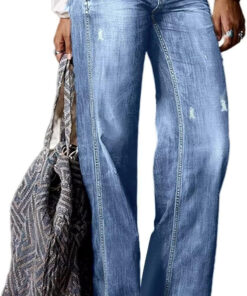Women’s Straight Leg Ripped Raw Hem Mid Waist Bootcut Jeans