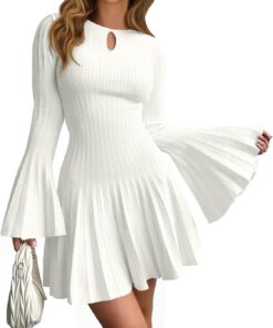 Women’s Bell Sleeve Knit Mini Dress Pleated A-Line Sweater Dress