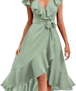 Women’s Cross Wrap Midi Dress Deep V-Neck Short Sleeve Split Hem Boho Dress