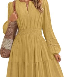 Women’s Long Sleeve V-Neck Mini Dress High Waist Pleated A-Line Party Dress