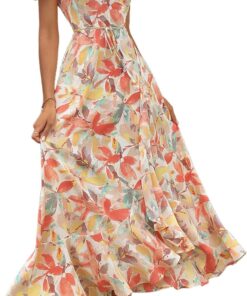Women’s Floral Wrap Maxi Dress Short Sleeve V-Neck Split Hem Boho Beach Dress
