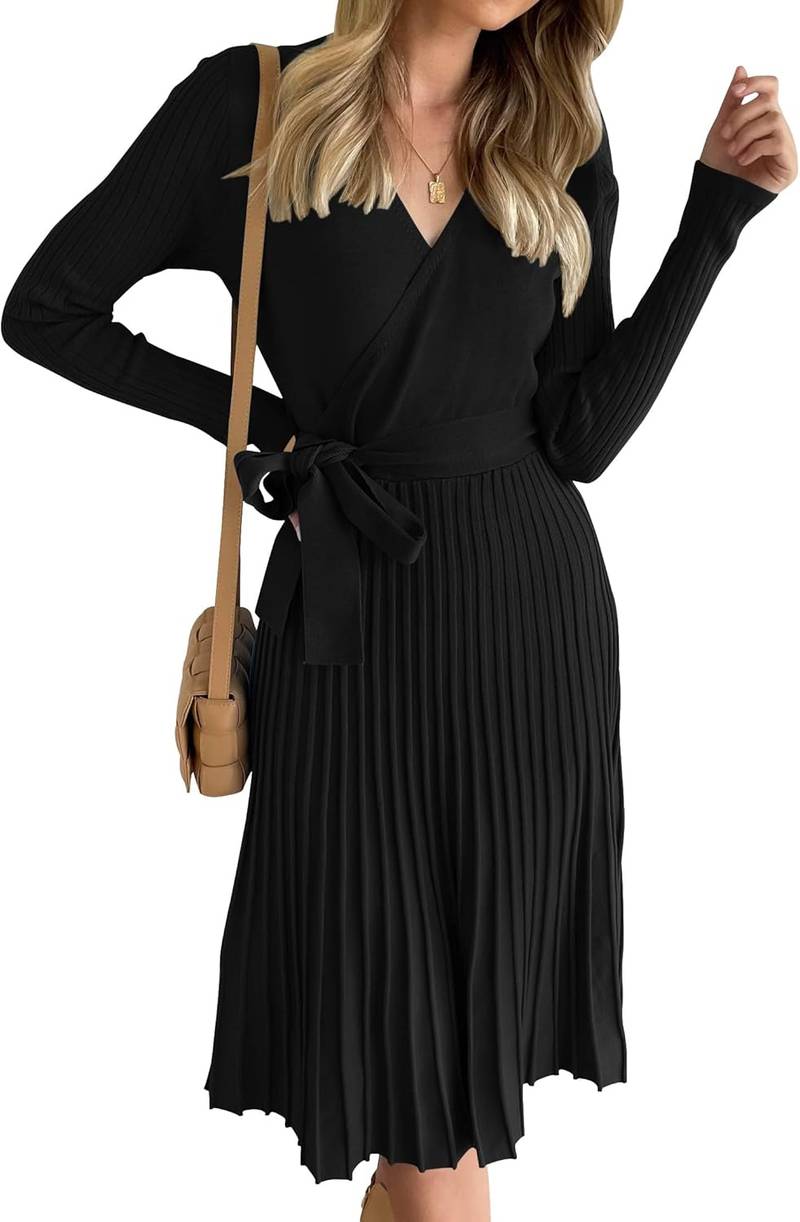 Women’s Long Sleeve Wrap V-Neck Ribbed Knit Pleated Sweater Dress with Belt