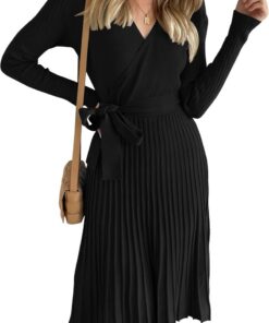 Women’s Long Sleeve Wrap V-Neck Ribbed Knit Pleated Sweater Dress with Belt