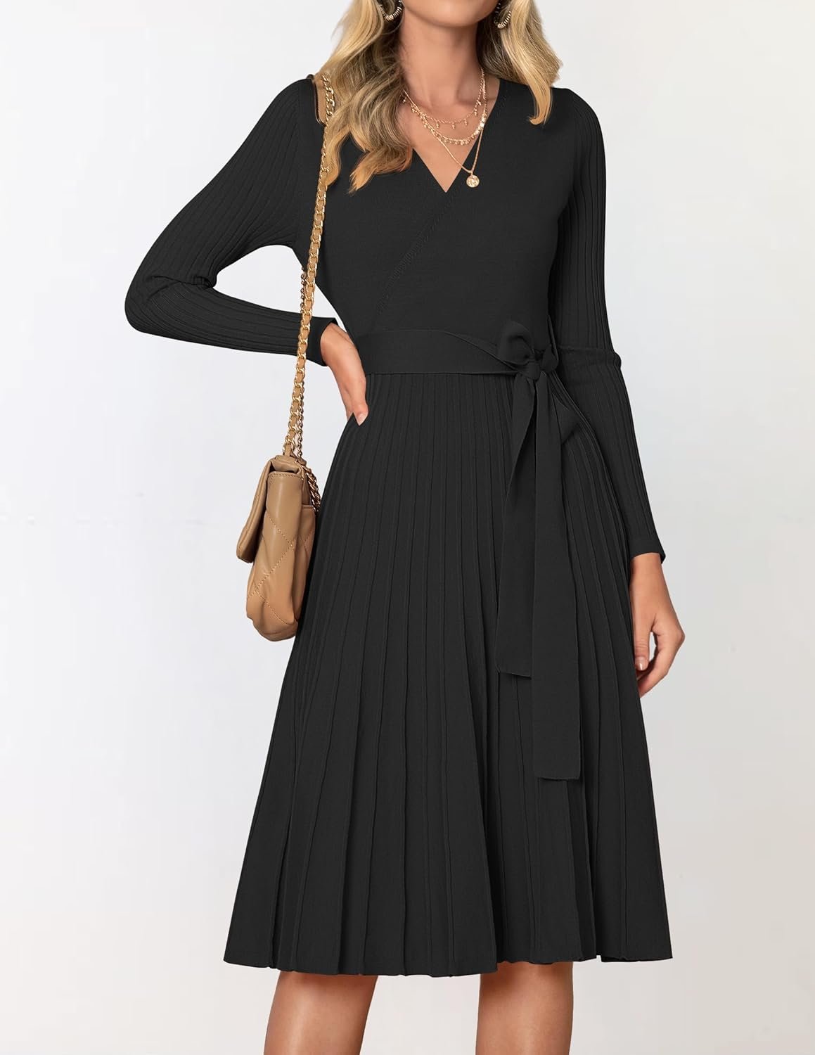 Women’s Long Sleeve Wrap V-Neck Ribbed Knit Pleated Sweater Dress with Belt - Image 2