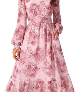 Women’s Floral V-Neck Ruffle Tiered Midi Dress Long Sleeve Chiffon Dress with Pockets