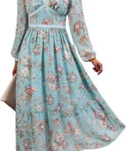 Women’s Floral Wrap Maxi Dress V-Neck Long Sleeve Casual Chiffon Dress