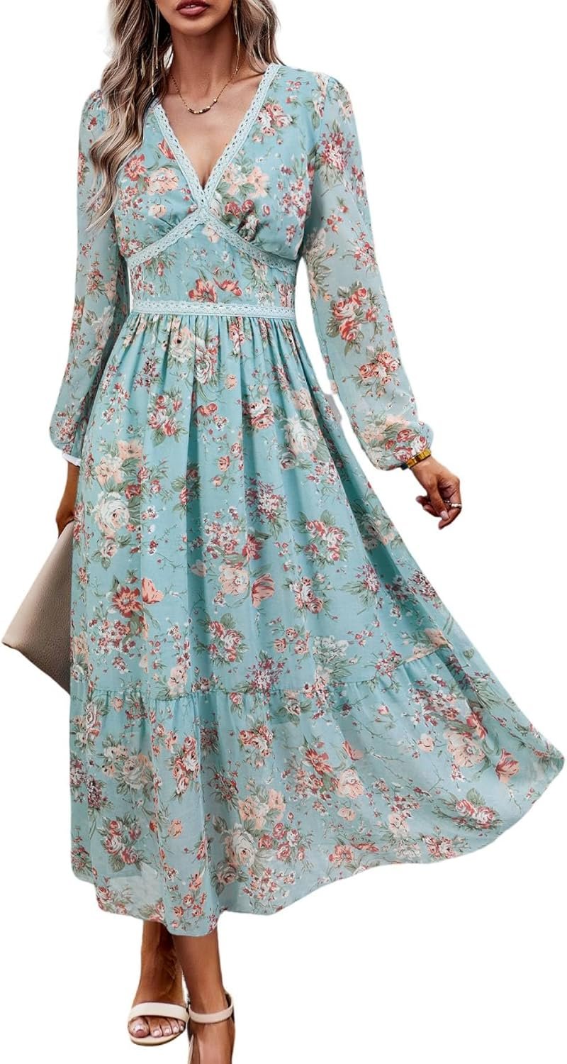 Women’s Floral Wrap Maxi Dress V-Neck Long Sleeve Casual Chiffon Dress