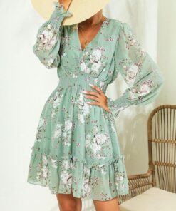 Alternative view of Women’s Floral Chiffon Long Sleeve A-Line Mini Dress with Tie Back