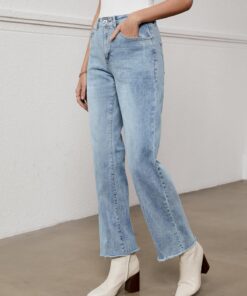 Alternative view of Women’s High Waisted Straight Leg Frayed Hem Loose Denim Jeans