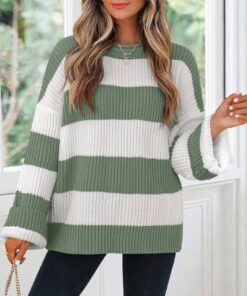 Alternative view of Women’s Oversized Striped Color Block Knit Crew Neck Sweater
