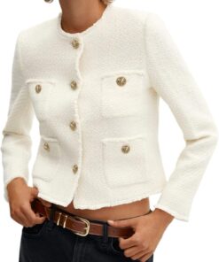 Women’s Collarless Cropped Tweed Blazer Casual Business Jacket