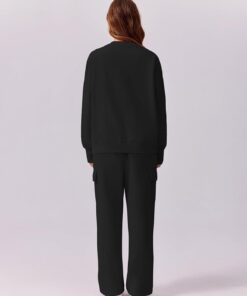 Alternative view of 2-piece fleece sweatsuit sweatshirt wide leg cargo sweatpants set with pockets