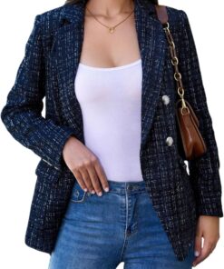 Women’s Oversized Plaid Tweed Blazer Long Sleeve Open Front Jacket