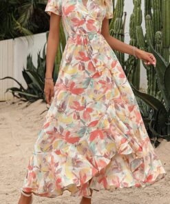 Alternative view of Women’s Floral Wrap Maxi Dress Short Sleeve V-Neck Split Hem Boho Beach Dress