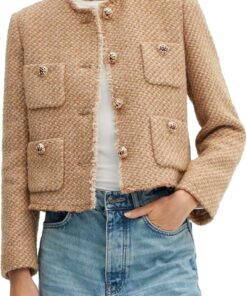 Women’s Collarless Cropped Tweed Blazer Button Down Office Jacket