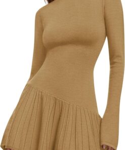 Women’s Crochet Ribbed Knit Mock Neck Sweater Mini Dress with Ruffle Hem