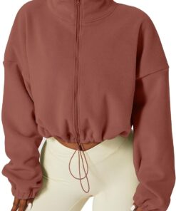 Women’s Full Zip Fleece Cropped Jacket Warm Long Sleeve Sherpa Coat