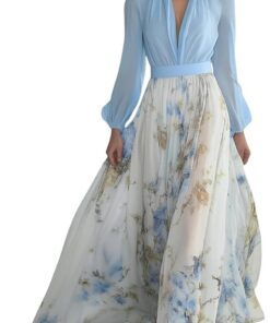 Women’s V Neck Floral Chiffon Maxi Dress Long Sleeve Flowy Style
