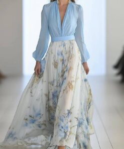 Alternative view of Women’s V Neck Floral Chiffon Maxi Dress Long Sleeve Flowy Style