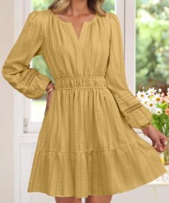 Alternative view of Women’s Long Sleeve V-Neck Mini Dress High Waist Pleated A-Line Party Dress