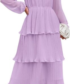 Women’s Long Sleeve Crew Neck Tiered Chiffon Midi Dress