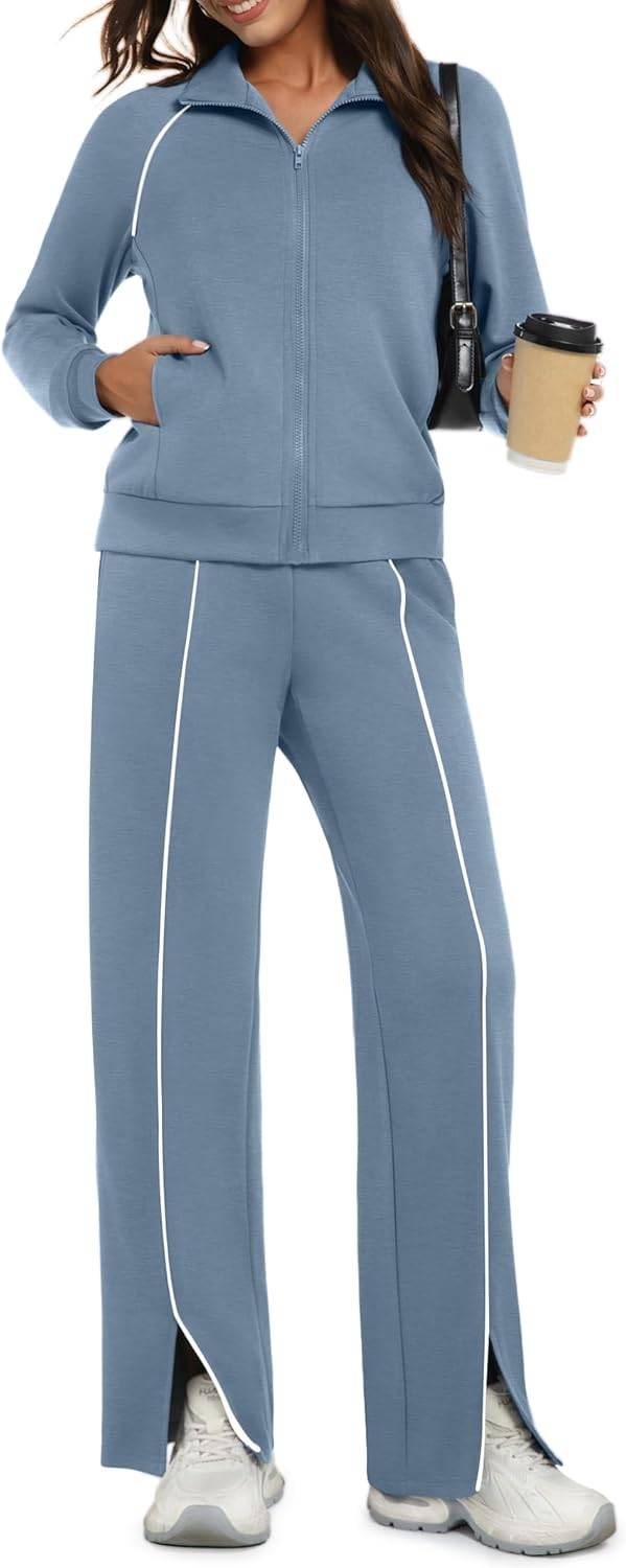 Women’s 2-piece zip sweatsuit lounge set wide leg striped tracksuit