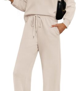 Two-piece fall lounge outfit mock neck top wide leg pants set