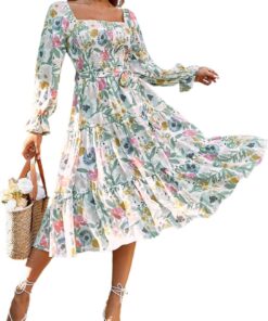 Women’s Boho Floral Square Neck Midi Dress Long Sleeve Smocked Flowy Dress