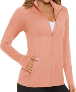 Women’s lightweight athletic jacket UV protection full zip outdoor pocket workout shirt