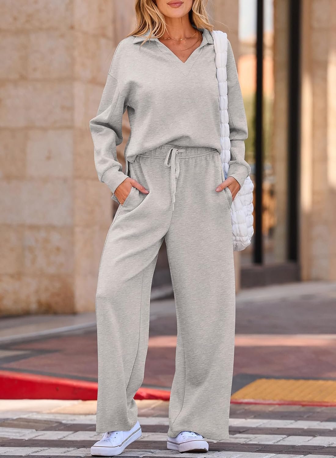 Two-piece lounge set V-neck sweatshirt wide leg sweatpants matching outfit - Image 2
