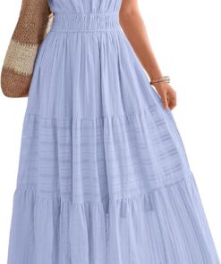 Women’s Casual Short Sleeve V Neck Boho Maxi Dress with Pockets