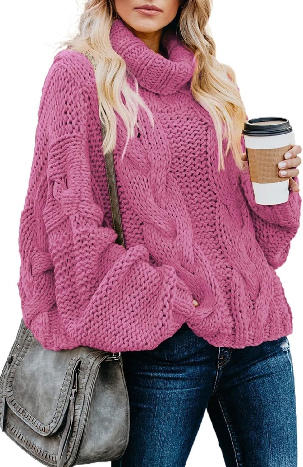 Women’s Solid Turtleneck Balloon Sleeve Knit Sweater Pullover - Image 2