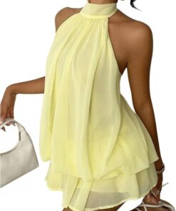 Women’s Chiffon Halter Neck Mini Dress with Ruffled Hem