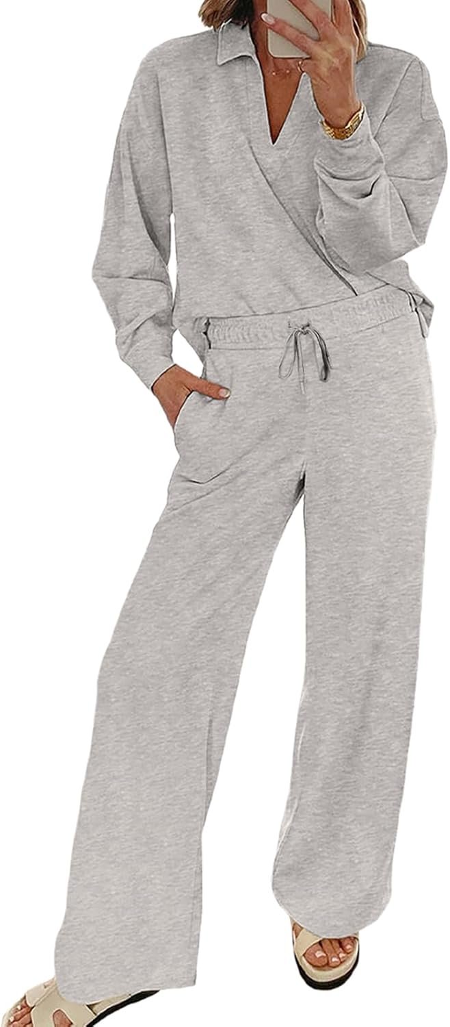 Two-piece lounge set V-neck sweatshirt wide leg sweatpants matching outfit