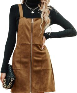 Women’s Faux Suede Mini Dress Square Neck Zipper Front Casual Dress with Pockets